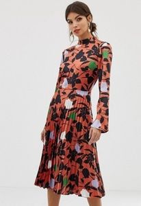 asos design pleated midi dress with fluted sleeve in floral print
